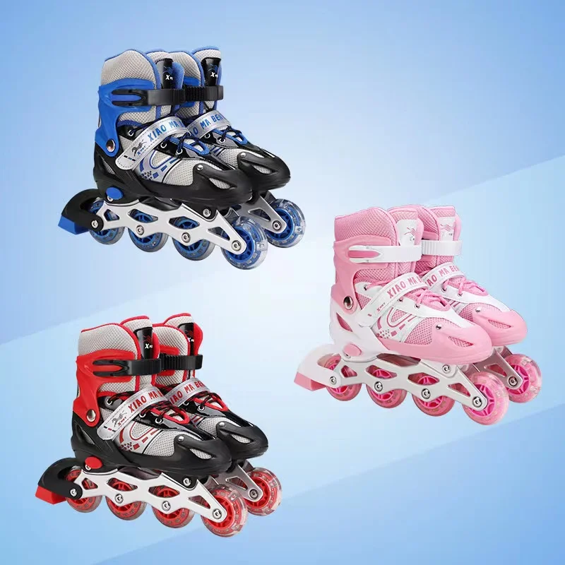 pu-mesh-cloth-inline-roller-skates-shoes-patins-kids-single-row-flashing-pvc-4-wheel-adjustable-size-three-color-bearing-abec-7