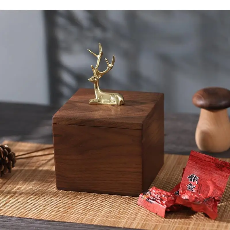 

Black Walnut Storage Box Brass Animal Cover Solid Wood Tea Box Organizer Jewelry Boxes Snacks and Dried Fruit Boxes Storage Bins