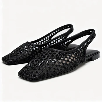 Weave Mesh Breathable Mules Sandals for Women Summer New Slingback Beach Shoes Casual Square Toe Fashion Ballet Flats Ladies 1