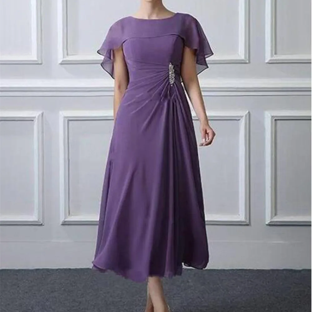 

2023 Chiffon Mother of the Bride Dresses Tea Length Folds Evening Dresses Wedding Party Guest Gown Dresses Custom Dresses