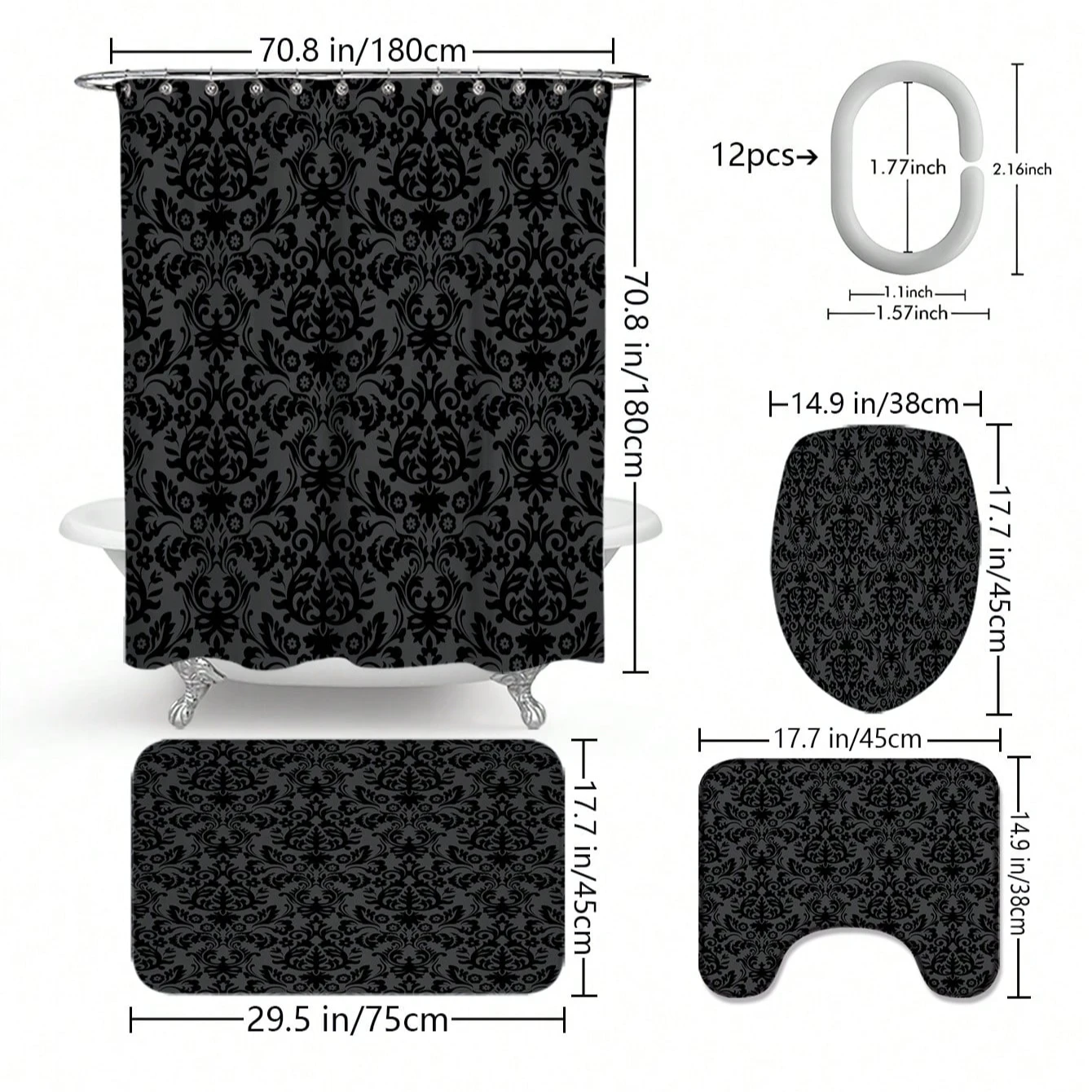4pcs Waterproof Durable Baroque Style Background Multipurpose Decorative Shower Curtain With 12 Hooks, For All Scenarios 2