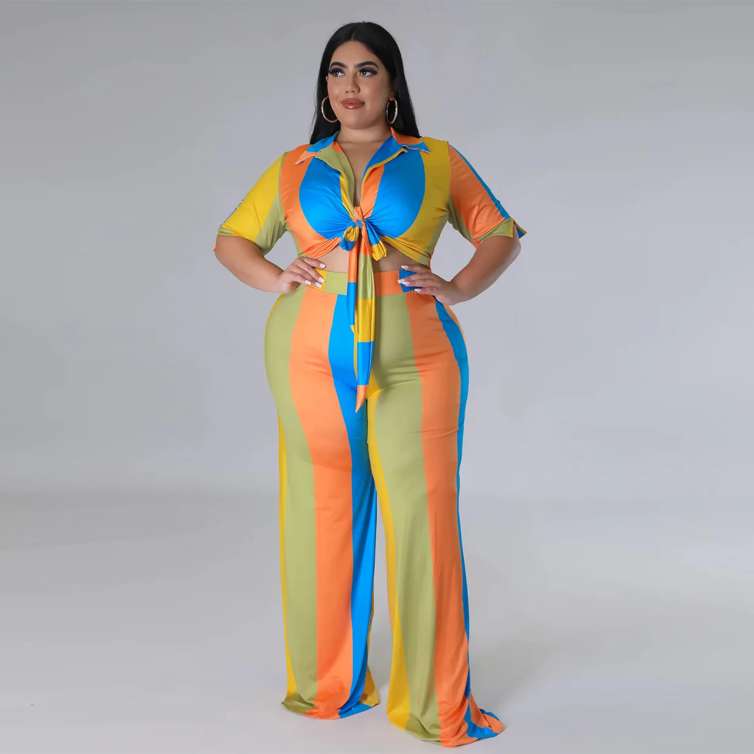 

2022 Autumn Women's fashion striped print V-neck shirt and wide leg pants two-piece suit