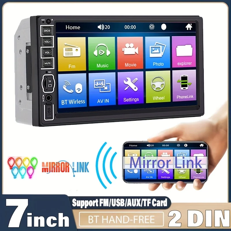 7인치 터치스크린 카 스테레오, 2 Din 헤드폰 입력, FM/USB/AUX SD 기능을 갖춘 멀티미디어 플레이어, 미러 링크 지원