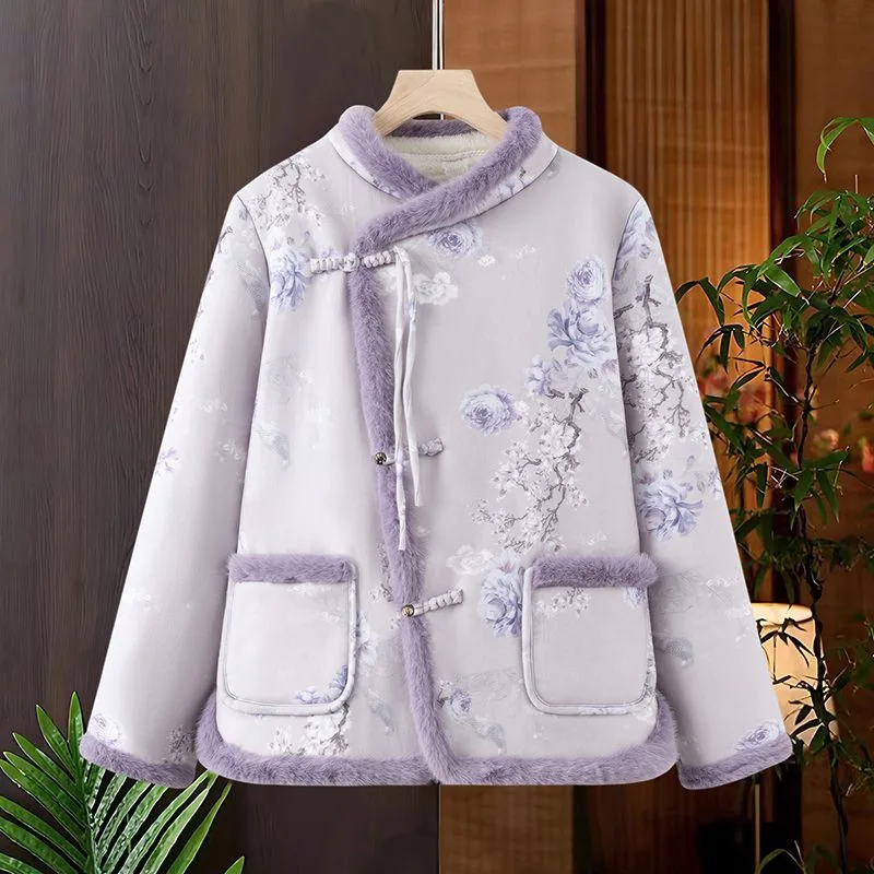 Women Chinese Shirt Women Cheongsam Waistcoat Hanfu Jacket Vintage Floral Print Tang Suit Jacket Winter Women Cotton-padded Clothes Warm Coat Ladies Quilted Cheongsam Tops