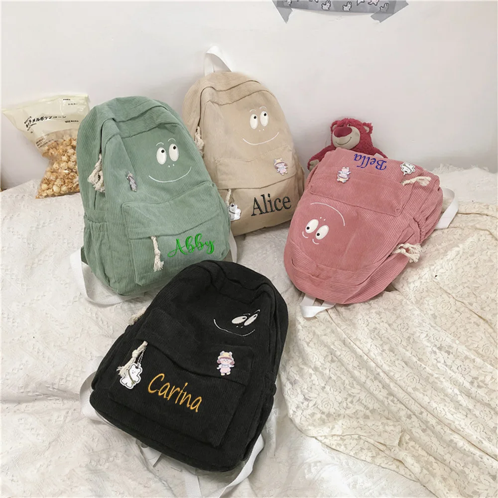 

New Corduroy Schoolbag Custom Name Student Lovely Simple Backpack Personalized Embroidered Boys Girls Gift Travel Backpacks