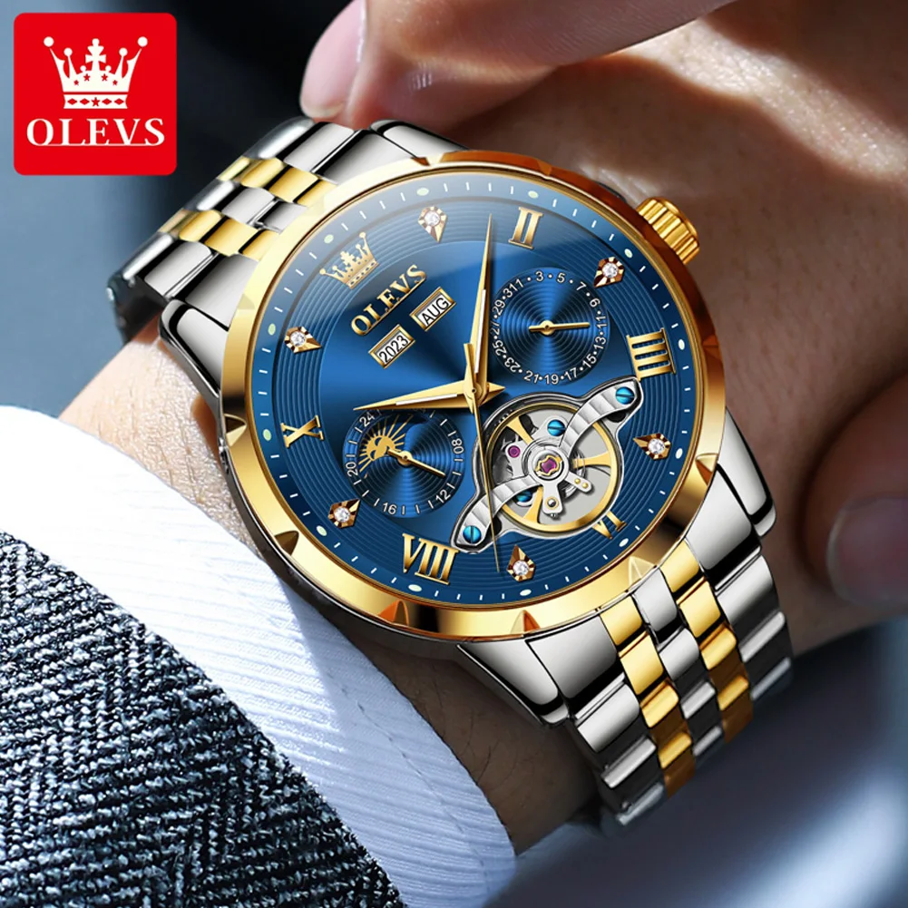 OLEVS 6691 Watch For Men Stainless Steel Moonswatch Auto Date Mechanical Wristwatch Hollow Waterproof Luminous Luxury Man Watch