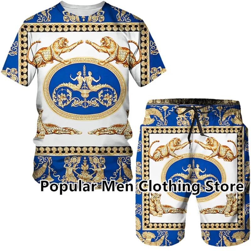 Summer Men's Tracksuit Golden Lion Statue Pattern 3D Print Short Sleeve T Shirt Shorts Suit Baroque Style Hip Hop Streetwear Set