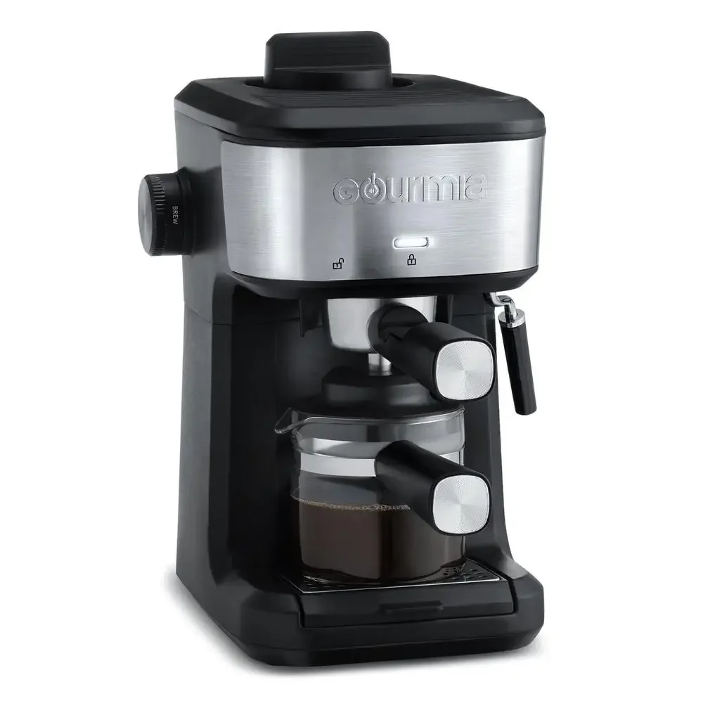 Espresso Cappuccino Latte Maker Brews 4 Shots Frothing Wand Glass Carafe Black Stainless Steel 3