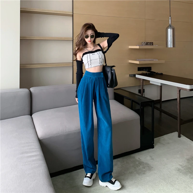 capri jeans Corduroy Women Y2K Straight Pants women Winter Plush Thick Pants Lambskin Cashmere Trousers High Waist Cotton Loose Female black capri pants