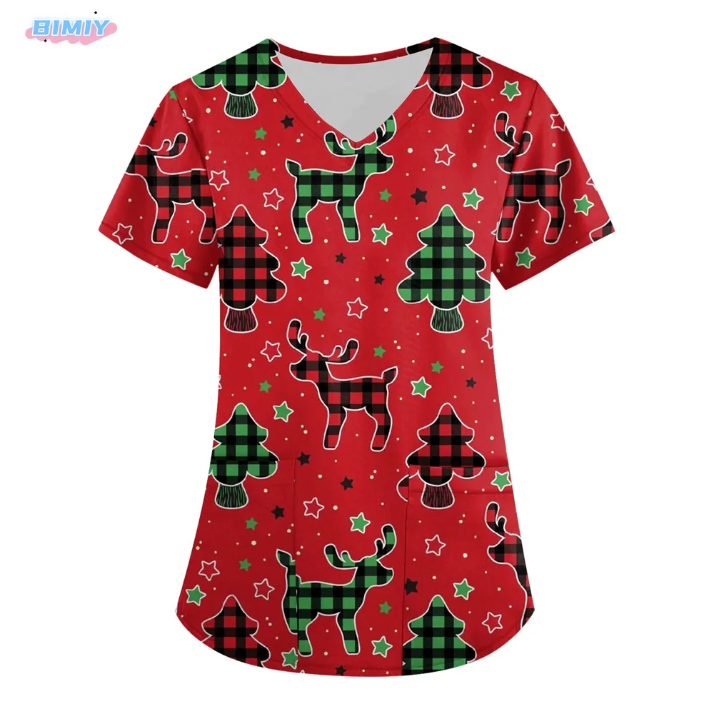 Christmas Women Scrub Tops Snowman with Pockets Short Sleeve V