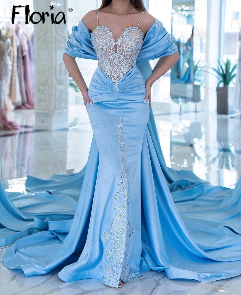 

Elegant Dubai Blue Prom Dress With Cloak Sleeve Couture Fashion 2023 Front Slit Celebrity Dresses Vestido De Noiva Custom Made