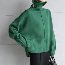 

Turtleneck Sweater Women 2022 New Casual Split Patchwork Fall/Winter Long Sleeve Pullover Korean Fashion Ladies Green Top Hot