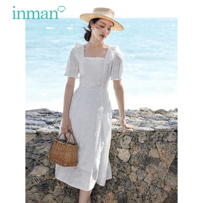 

INMAN Women Dress 2023 Summer Short Sleeve Square Neck A-shape Slim Waist Design Jacquard French Elegant Beige Mid-length Skirt