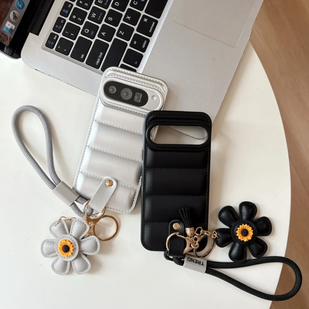 Cartoon Sunflower Down Jacket Lanyard Case with Hand Wrist Strap - Soft TPU Cover