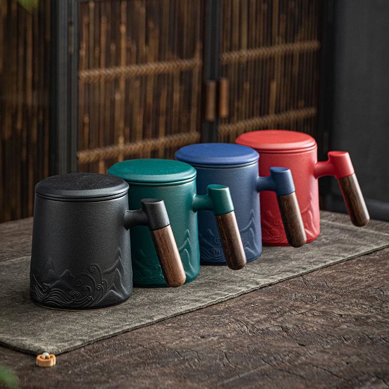 Creative Ceramic Gradient Color Tea Cup, with Cover, Chinese Style Office Supplies, Handle, Tea Water Filter Separation Mug, 1Pc