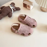 Sandales d'été en daim pour filles, à franges, élégantes, bout de couverture, diapositives pour enfants, loisirs, antidérapantes, boucle à crochet, pantoufles flexibles pour enfants 4