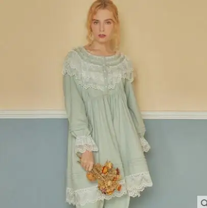 

Womens Pajamas 2 piece set Spring Long Sleeve Lace Ruffles Long Cotton Tops + Pants Two-piece set Suit