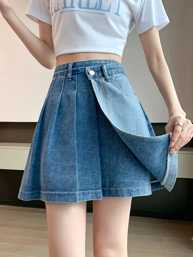 

FTLZZ Summer Casual Women Empire Slim Pleated Denim Shorts Vintage Lady High Street Wide Leg Denim Culottes