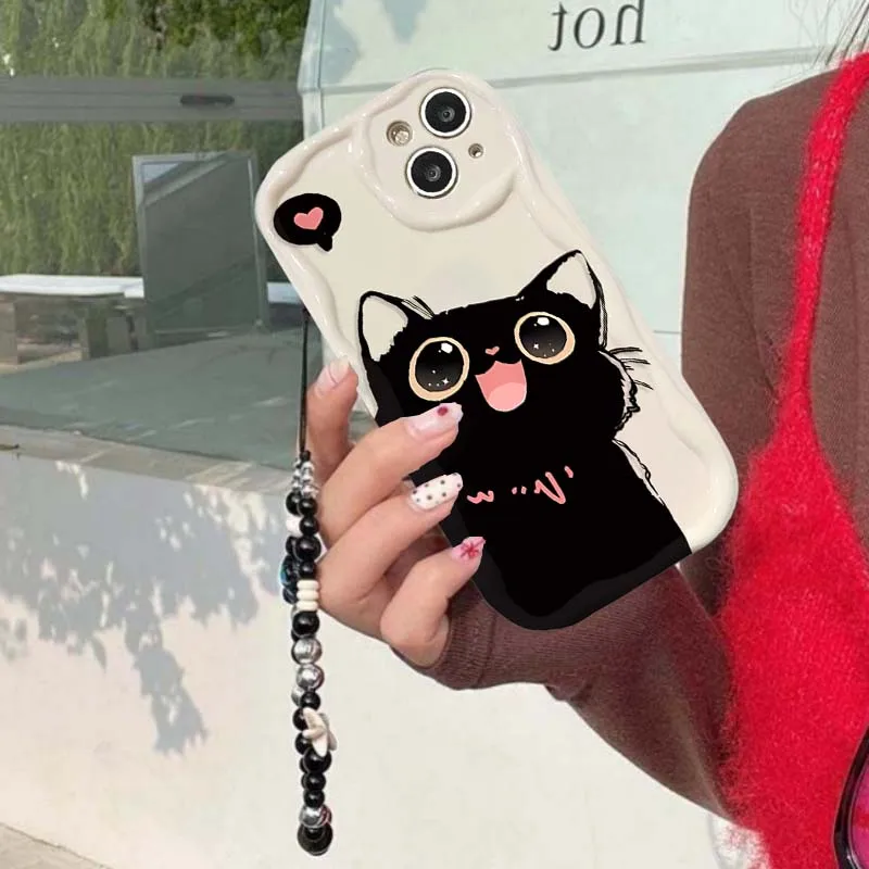 Chic Black Cat Wrist Chain Phone Case Cover