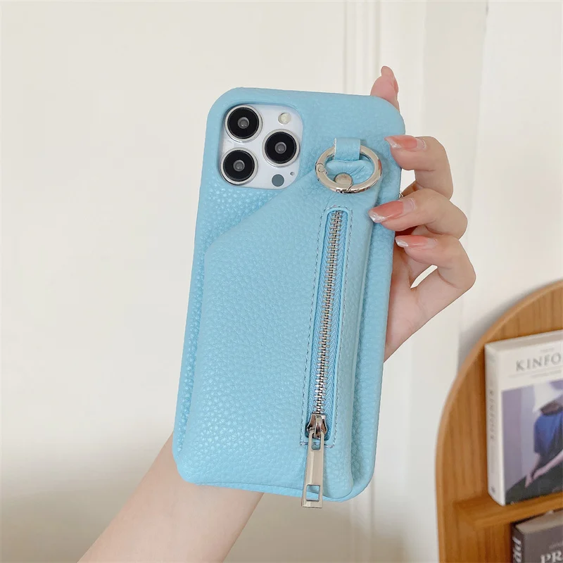 Lychee PU Leather Wallet Cover with Zipper and Stand