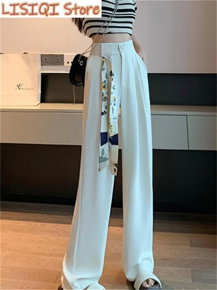 New White High Waisted Pants for Women Spring Korean Fashion Button Up Wide Leg Pants Office Ladies Casual Pants