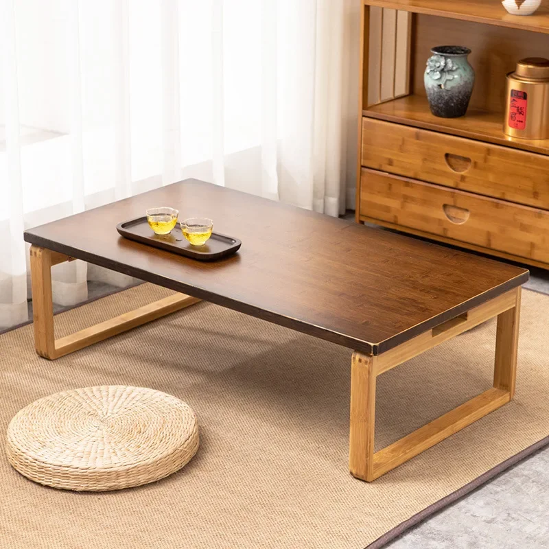 Chinese Style Folding Rectangular Low Table-Black Walnut Tone Bamboo Coffee Table, Compact Tatami/Bay Window Table for Home, S