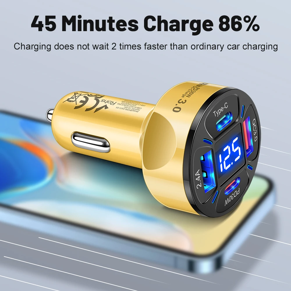 100W Type C Charger Digital Display Car USB Charger Fast Mobile Phone Charging Adapter For iPhone Xiaomi Huawei Samsung Charger