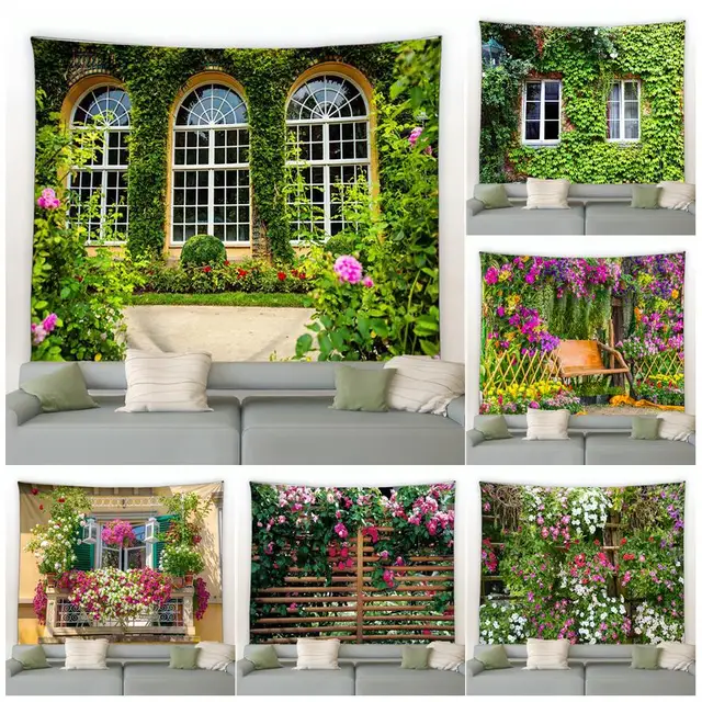 Tapisserie de fleurs pour l'extérieur, clôture de printemps, fond de paysage, grill mural, affiche de jardin pour la maison, décor de salon, esthétique 1