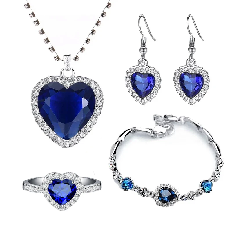 

Women's Bracelet Earring Necklace 3 Piece Set of Peach Heart Blue Crystal Zircon Jewelry Set Women's Wedding Engagement Jewelry