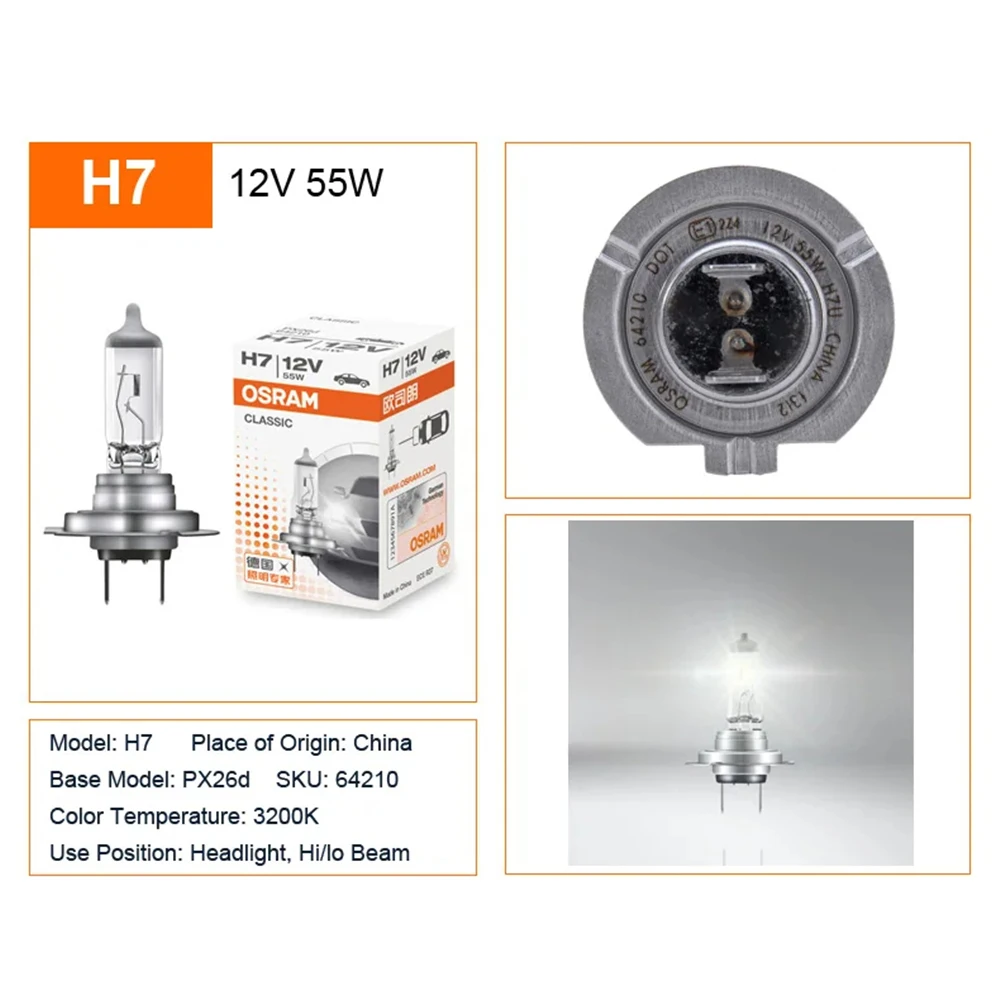오스람 클래식 H7 64210 PX26d 원래 표준 Hi/lo 빔 자동차 램프 12V 55W 3200K 자동차 헤드 라이트 할로겐 전구 OEM 품질 (10 PCS)