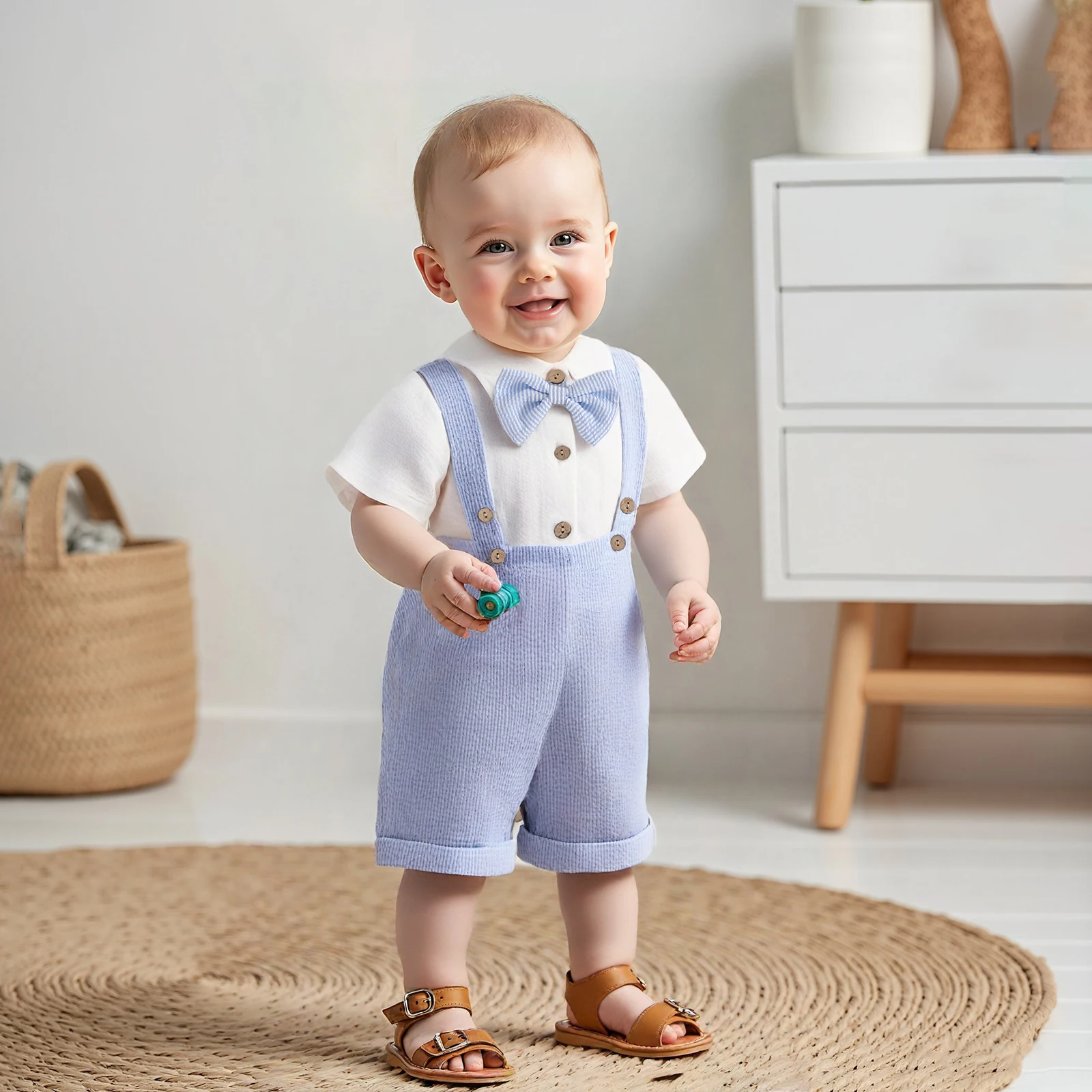 FOCUSNORM 0-18M Infant Baby Boys Gentleman Clothes Sets Solid Short Sleeve Lapel Neck Romper Stripe Suspender Shorts Bowtie
