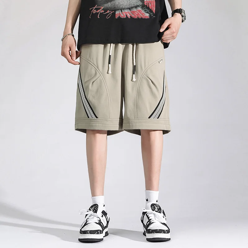 Men's Sweatpants Cargo Summer Elastic High Waist Drawstring Pockets Solid Color Knee Pants England Style Boyfriend Shorts