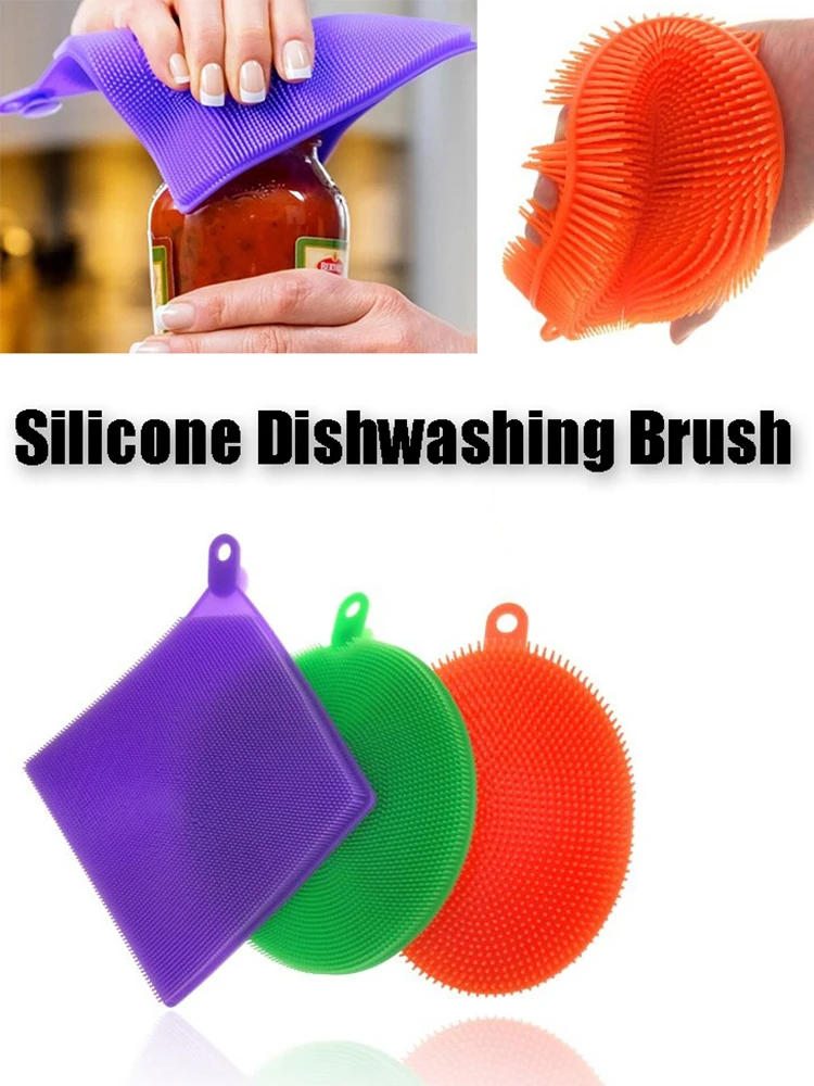 3Pcs Silicone Dish Washing Brush Pot Pan Sponge Kitchen Cleaning Brush Silicone Scouring Pad Vegetable Fruit Pot Pan Wash