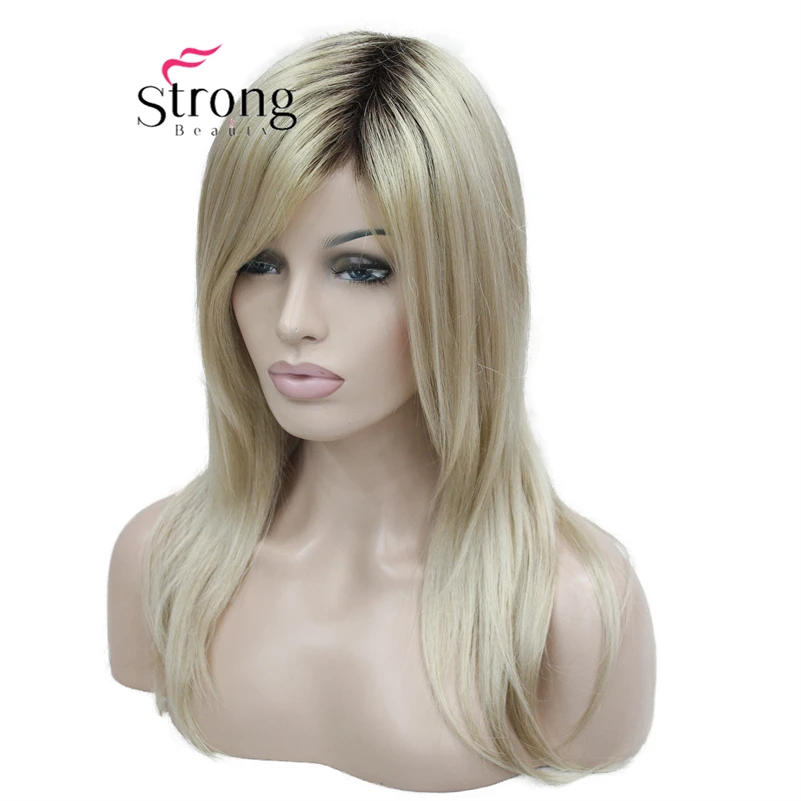 Long Straight Blonde with Dark Roots, Side Swept Bangs Synthetic Wig image_1