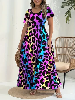 Plus Size 1XL-5XL Women's Fashionable and Casual Print Round Neck Short Sleeved Flared Hem Long Dress
