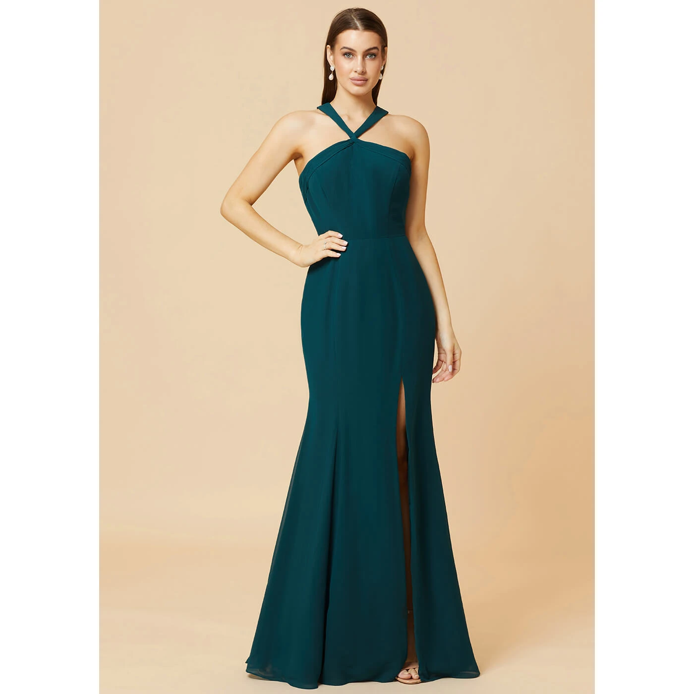

Halter Sheath Bridesmaid Dress with Slit Chiffon Maxi Back Wedding Party Dress Elegant Semi-formal Dresses