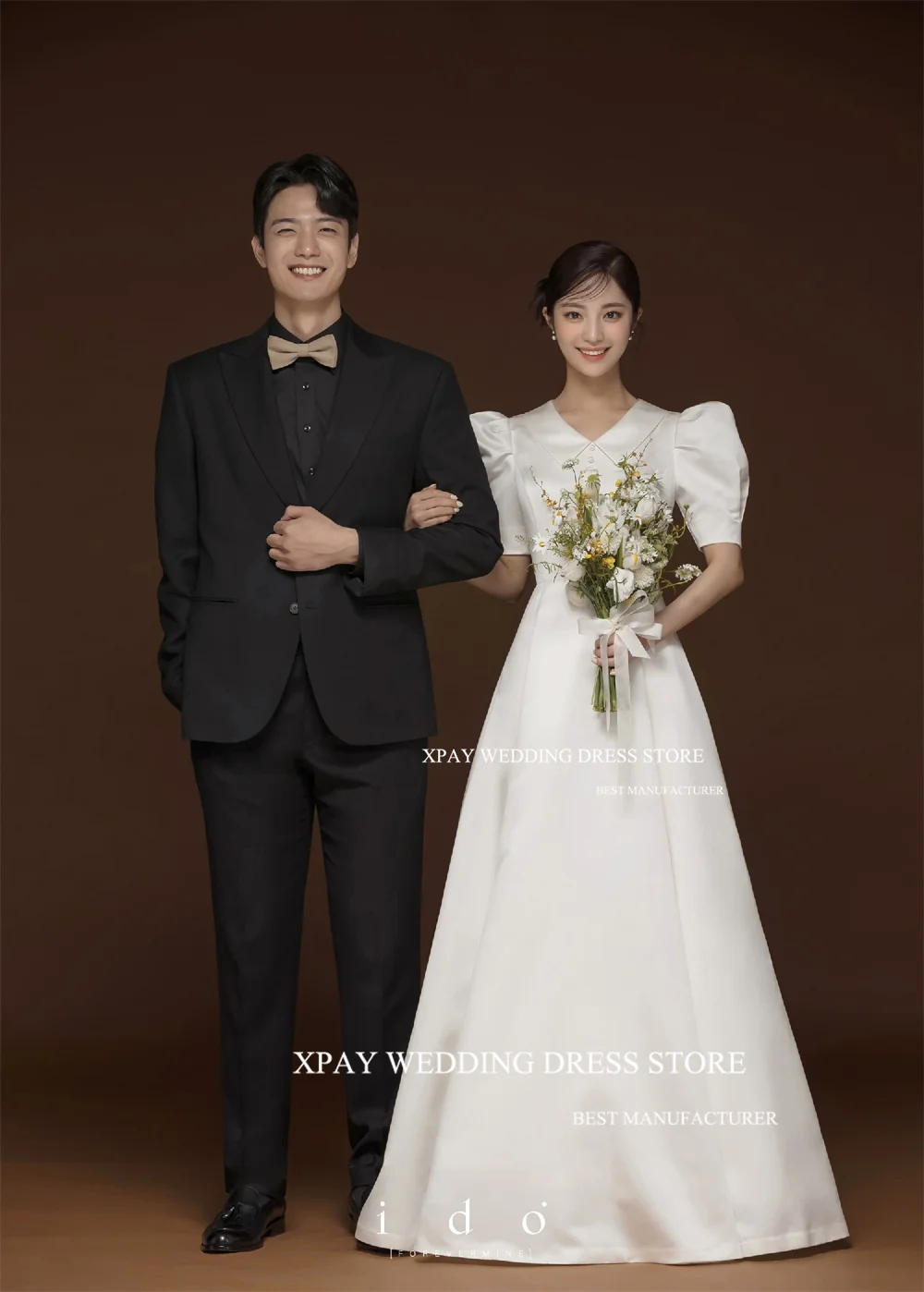 XPAY V Neck Simple Korea Wedding Dresses Short Lantern Sleeves Bridal Gowns Customised Floor Length Satin A Line Bride Dress 4
