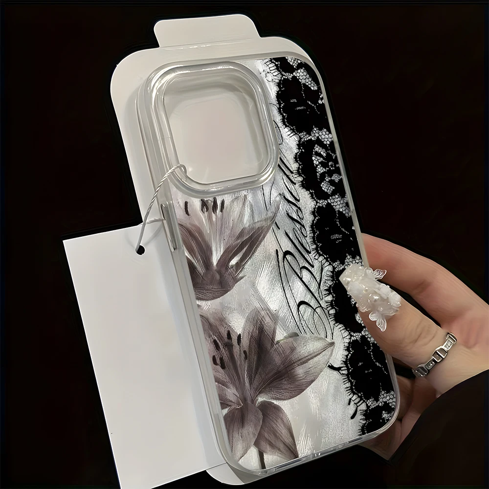 Elegant Black Lace and Floral Pattern TPU Silicone Phone Case Cover