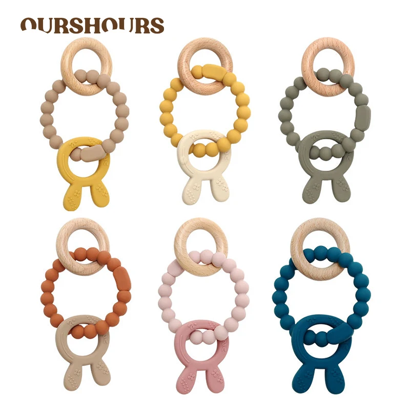 

Baby Teether Toy Food Grade Silicone Bunny Pendant Wooden Ring Infant Teething Chew Nursing for Newborn Sensory Toys BPA Free