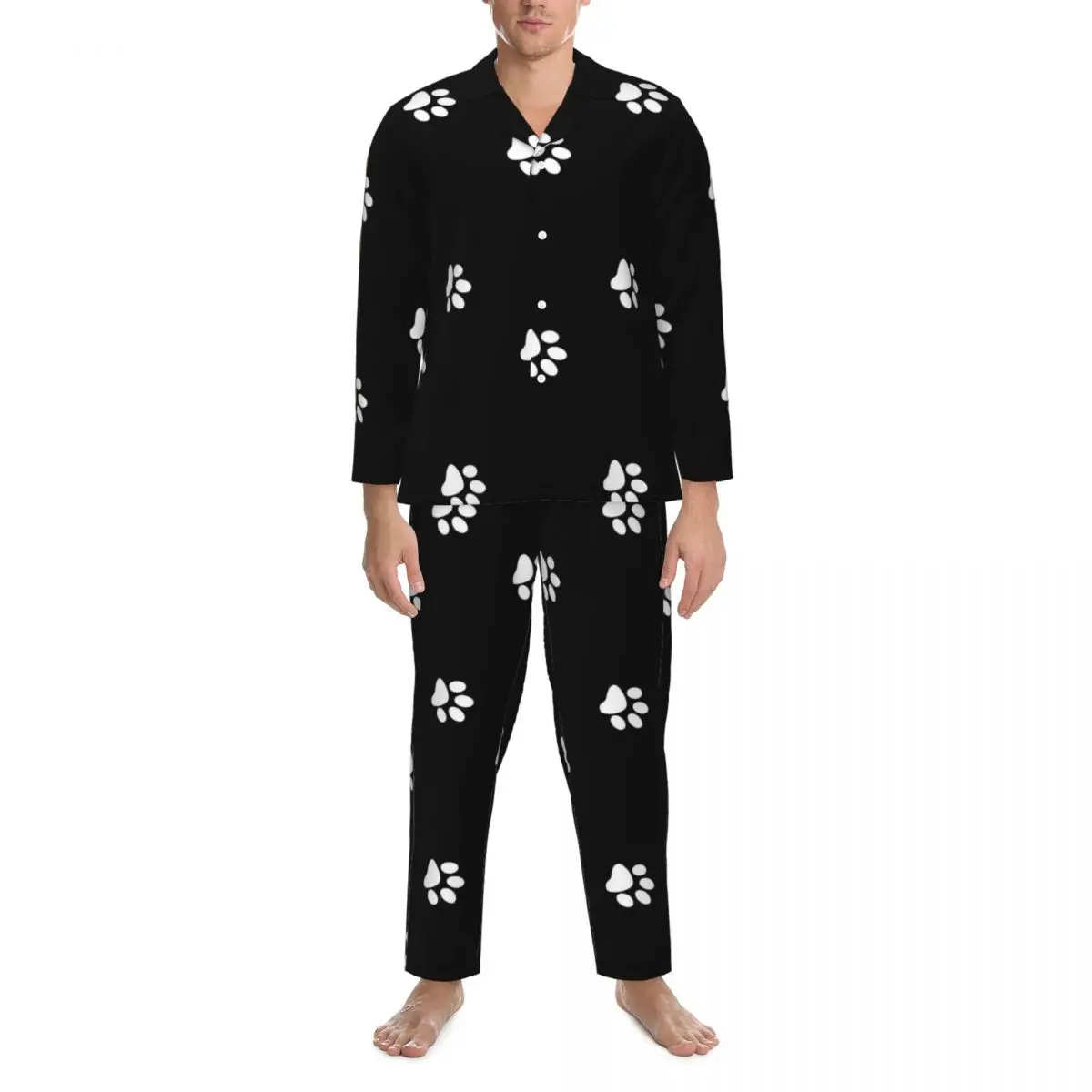 

Cute Puppy Dog Paw Pajama Set Black And White Print Soft Sleepwear Couple Long Sleeve Casual Home 2 Pieces Nightwear Plus Size