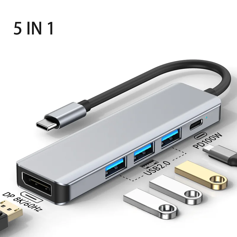 5-in-1 USB C to DP Hub DisplayPort/USB/100W PD Port Docking Converter for Mac Expansion Dock Type-C Thunderbolt 3 to 8K@60H 2