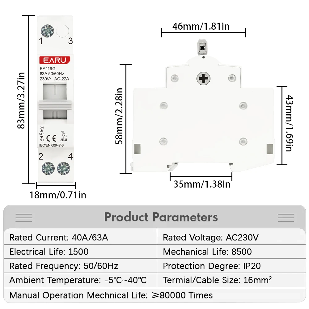 1P 40A 63A AC230V 50/60Hz Din Rail Modular MTS Dual Power Manual Transfer Switch Isolating Discounnecting Switch Circuit Breaker
