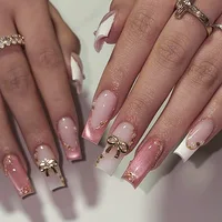 Faux ongles carrés moyens avec colle, 24 pièces, fleurs roses Blush, couverture complète, acrylique français, à pression, pour filles 3