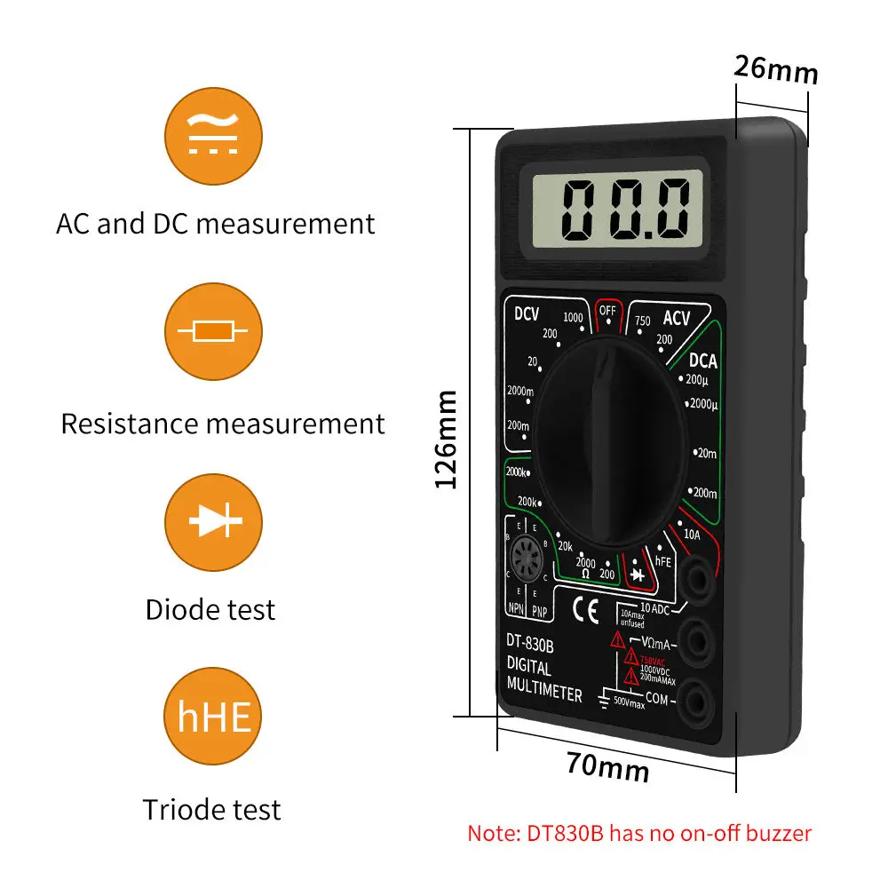 AC/DC 전류계 전압계 저항계 전기 테스터 미터 저가 배터리 구동 디지털 멀티미터 DT-830B (테스트 리드 포함)