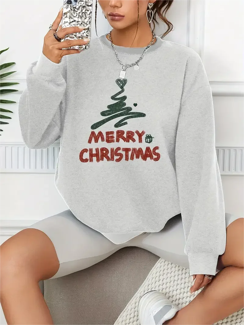Merry Christmas Print Pullover Casual Loose Fashion Long-Sleeved Sweatshirt Solid Color Women's Clothing