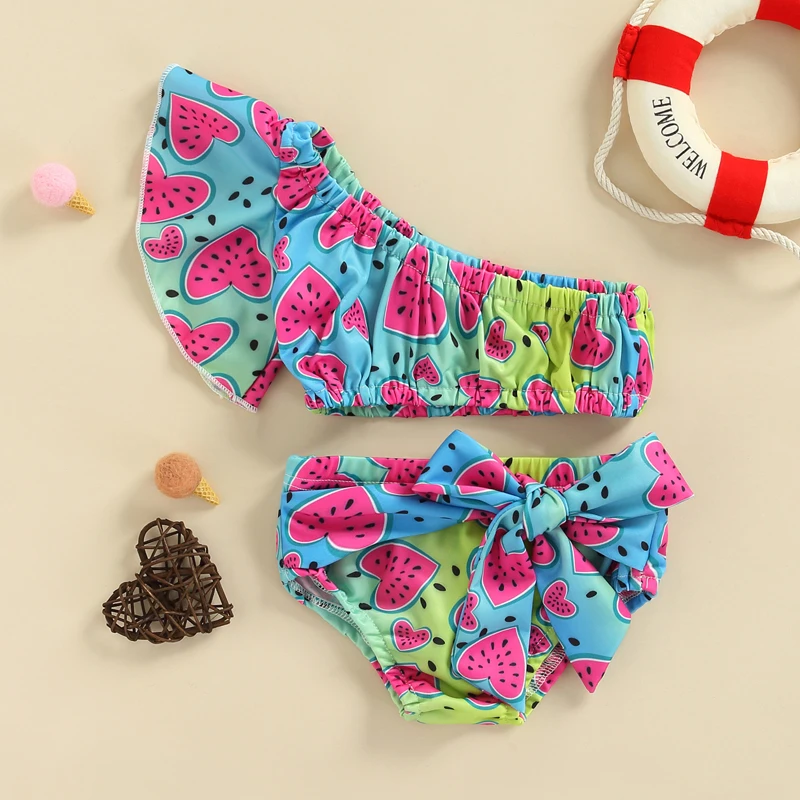 

6M-3T Baby Girl Bikini Cute Set Watermelon Print One Shoulder Top With Waist Tie Briefs Beach Seaside Swimwear