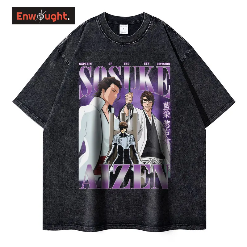 

Футболки Aizen Sousuke, винтажные Выбеленные аниме, топы большого размера, футболки, уличная одежда, мужские футболки с коротким рукавом, 100% хлопок