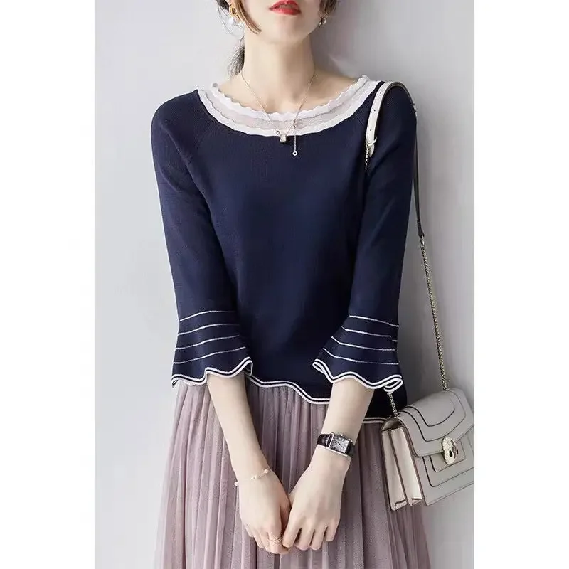 

Stylish Loose Knitted Spliced Gauze Ruffles Flare Sleeve Blouse Women's Clothing Spring New Casual Pullovers Commute Shirt N244