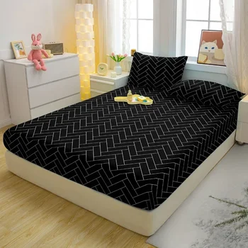 1 Simple Modern Geometry Printed Matte Fitted Sheet, Bedroom Printed Bed Cover, Bedding (Excluding Pillowcases) 2