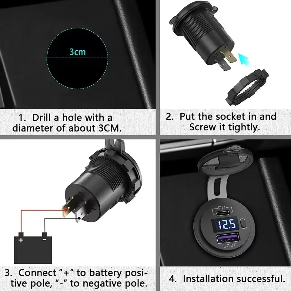USB C 차량용 충전기 소켓 12V/24V 듀얼 USB 소켓 PD3.0 및 QC3.0 차량용 USB 포트 LED 전압계 및 온/오프 스위치 포함